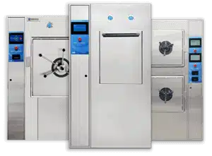 Three different models of Consolidated laboratory sterilizers with advanced control systems, showcasing varying door designs including manual radial and vertical sliding doors. Each unit is equipped with blue control panels and digital displays, set against a sleek white finish. The image highlights the sterilizers' robust construction and modern design, suitable for various laboratory applications