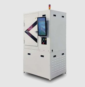 Kubtec XCELL: Upright, free-standing X-ray irradiator with digital interface, large irradiation chamber, safety features, and LCD display for lab use.