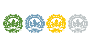 LEED certification levels by the U.S. Green Building Council: green for Certified, blue for Silver, yellow for Gold, and grey for Platinum, each with a leaf emblem.