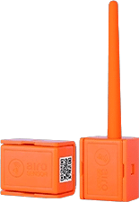 The image displays a SenseAnywhere real-time temperature and humidity monitor, a compact device with an orange body and a protruding antenna. It's designed to take temperature measurements at ten-minute intervals and upload the data to the cloud, ensuring the integrity of sample temperatures during storage and transport. The device features a QR code for easy tracking and configuration.