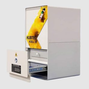 Kubtec XCELL 50: Compact benchtop X-ray irradiator with a digital interface, safety glass window, precise radiation control, and safety features for labs.