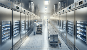 Modern pharmaceutical production facility highlighting large, stainless steel walk-in freezers designed for optimal storage of medicines. Employees in safety gear are seen organizing and checking inventory against a backdrop of advanced manufacturing equipment and conveyor systems, showcasing the integration of technology in pharmaceutical operations.